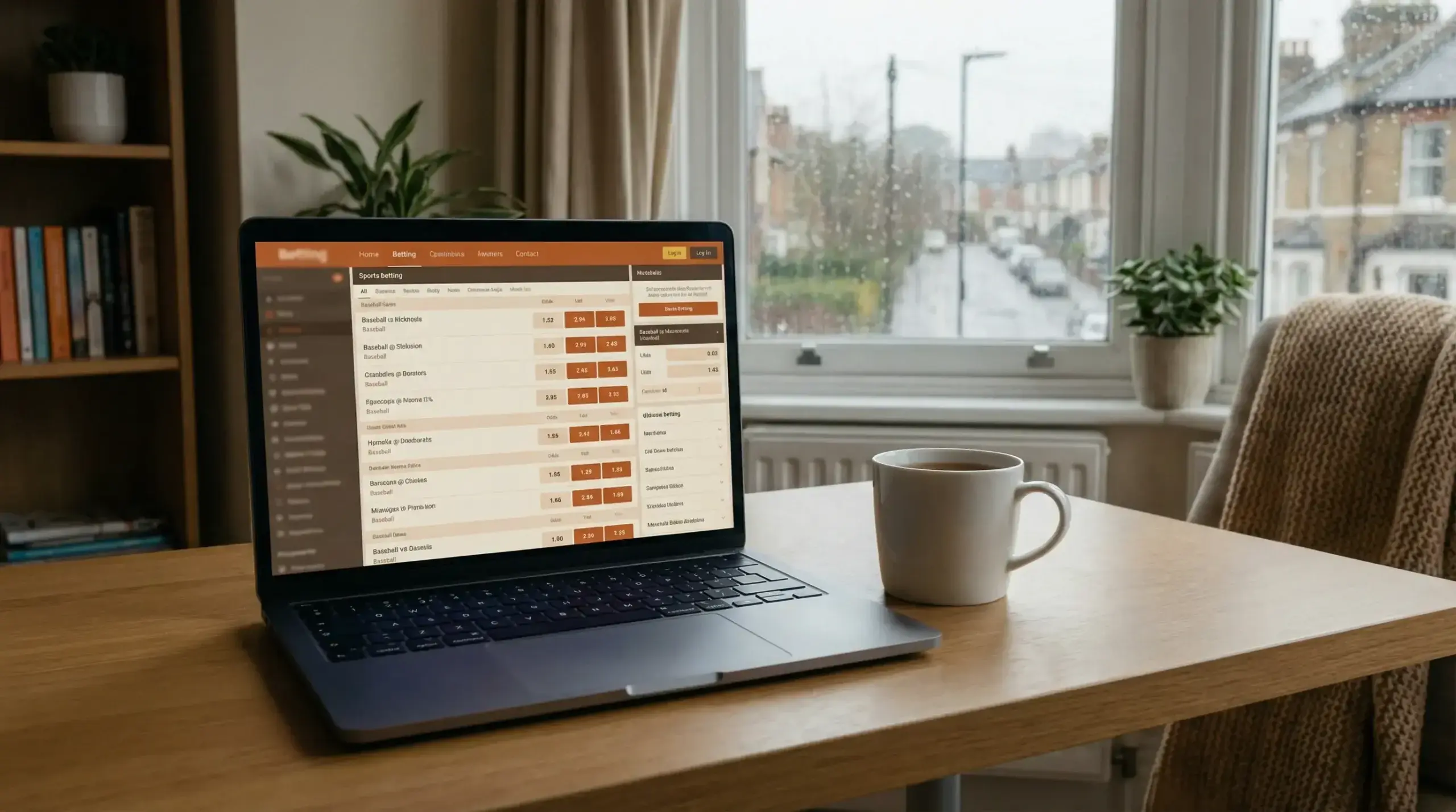 Laptop displaying MLB decimal odds on a desk in a UK home office with a cup of tea nearby