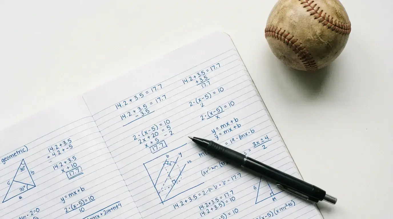 Notebook with expected value calculations written out alongside a baseball and a pen