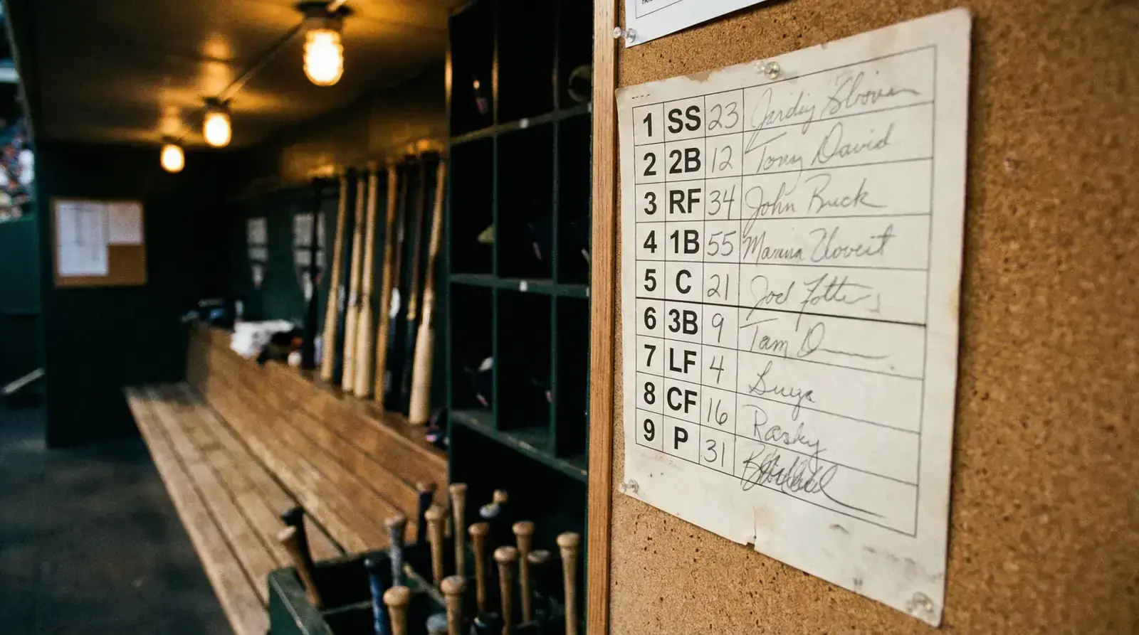 Baseball dugout lineup card pinned to the wall showing the batting order with player names and positions