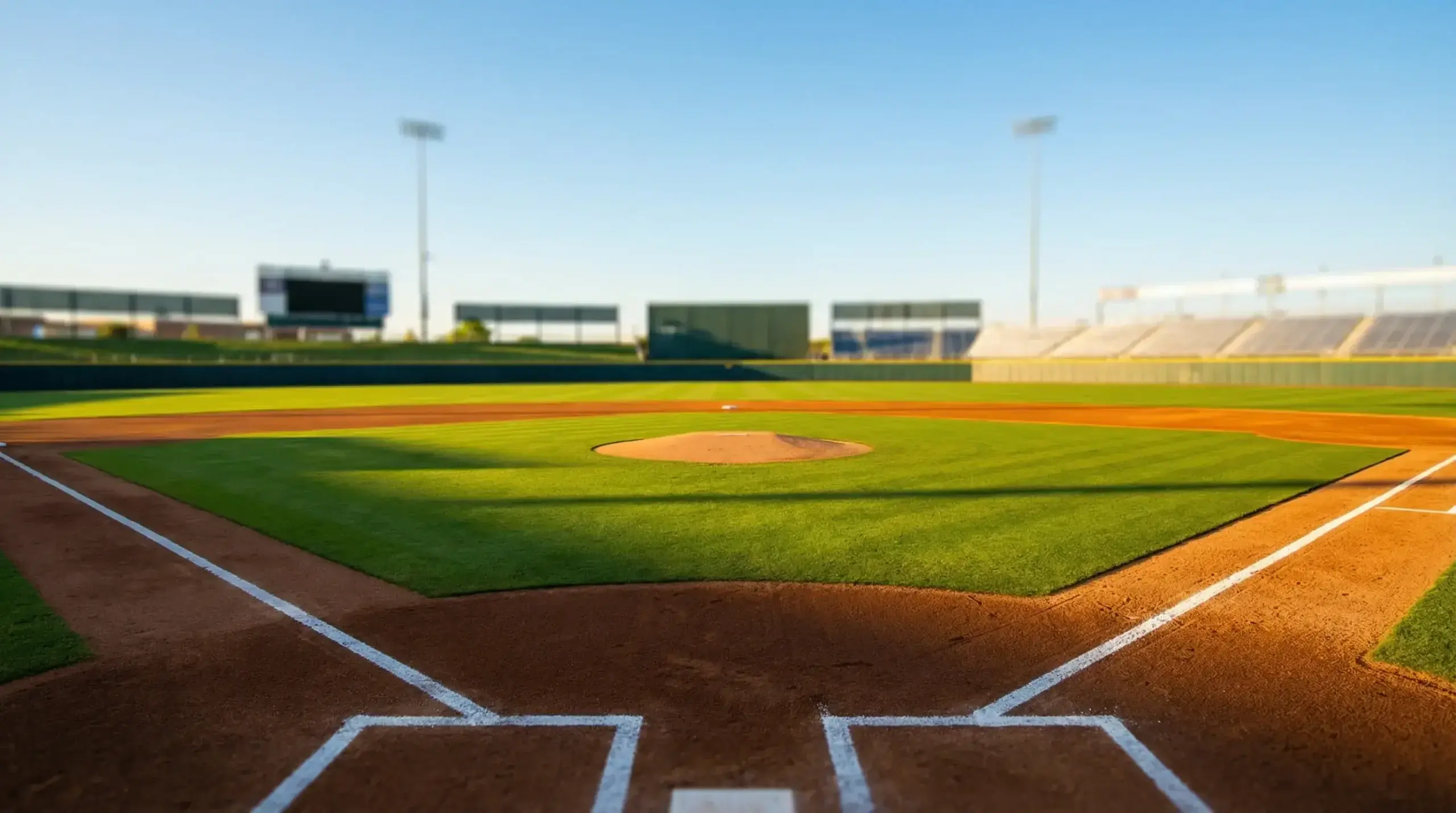 Wide view of a baseball diamond from behind home plate during a sunlit afternoon game