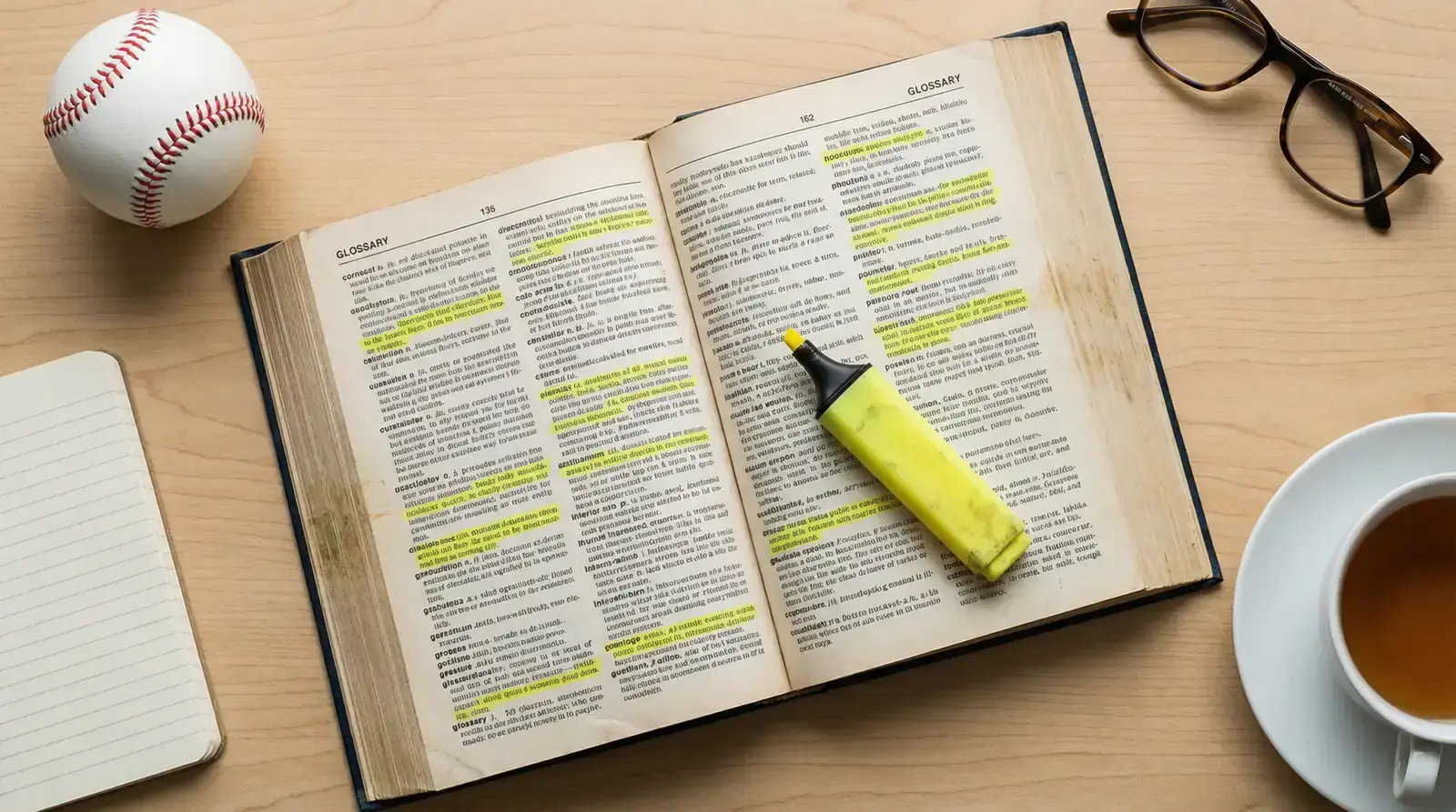 Open reference book showing baseball betting terminology with key terms highlighted alongside a baseball