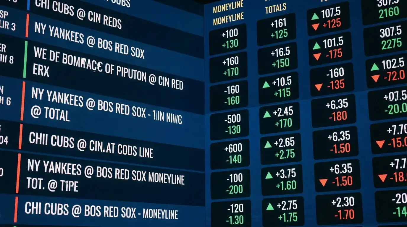 Digital odds board showing MLB moneyline and totals prices with arrows indicating line movement