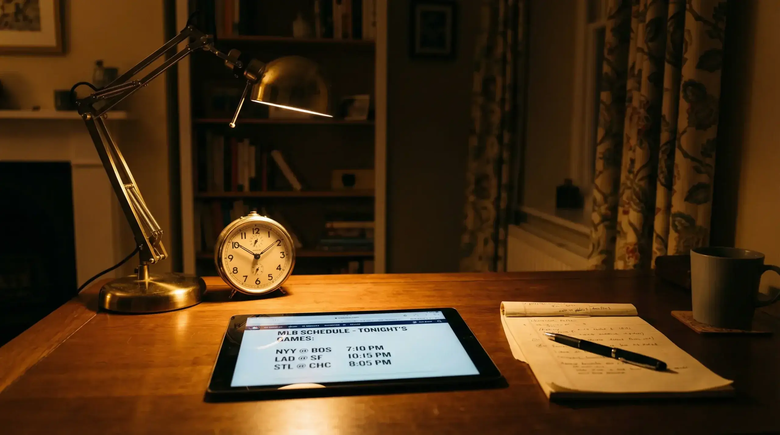 Clock showing late evening time beside a screen displaying the MLB game schedule for the night