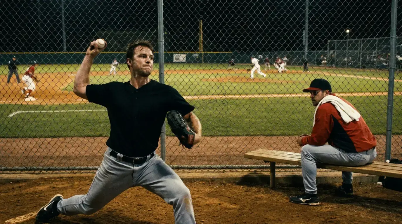 Relief pitcher warming up in the bullpen throwing area with the main baseball field visible behind the fence
