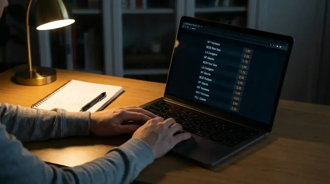 Laptop screen showing MLB betting odds in decimal format alongside American odds conversion for a UK bettor