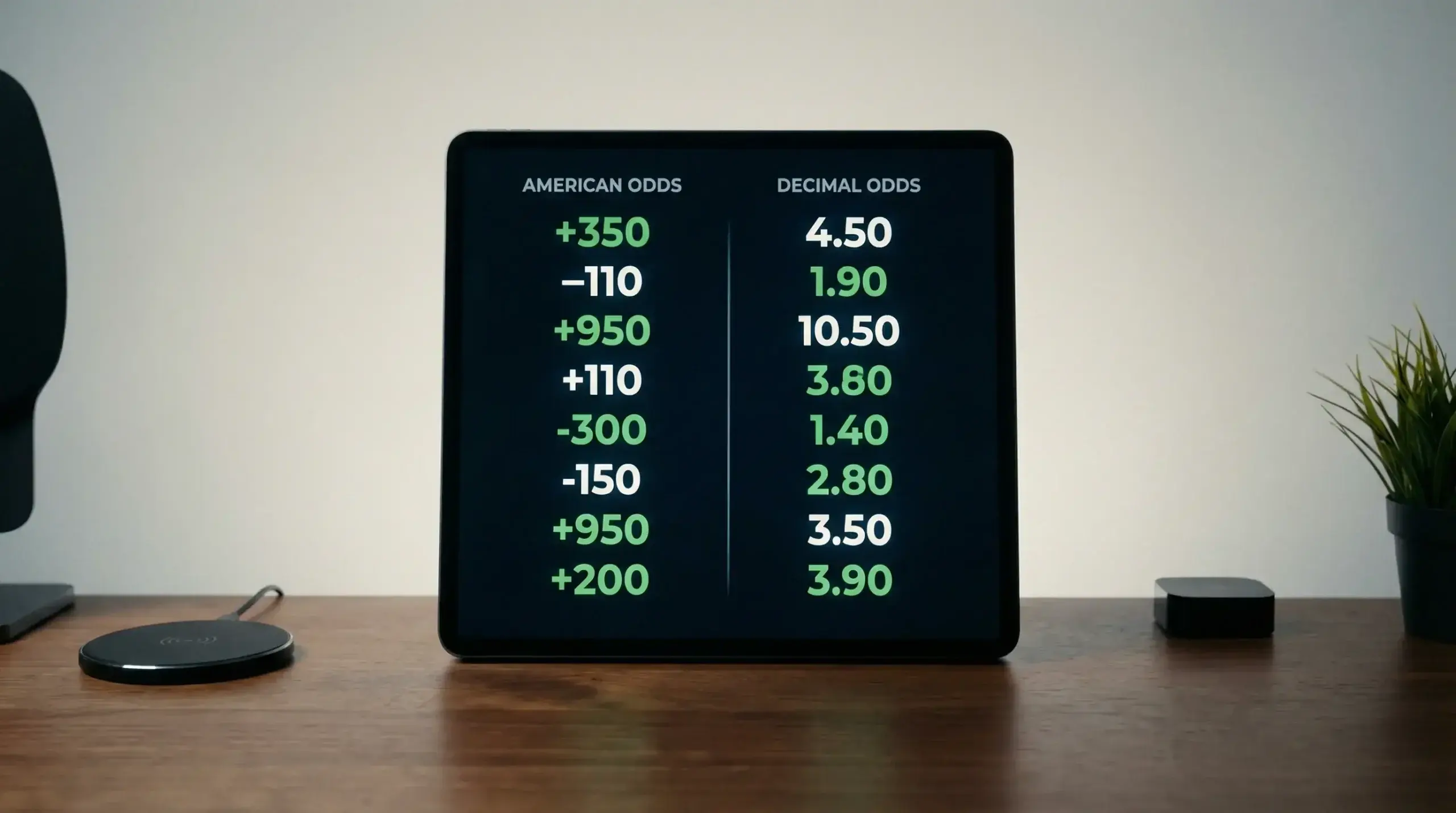 Side-by-side comparison of American and decimal odds formats on a clean betting interface screen