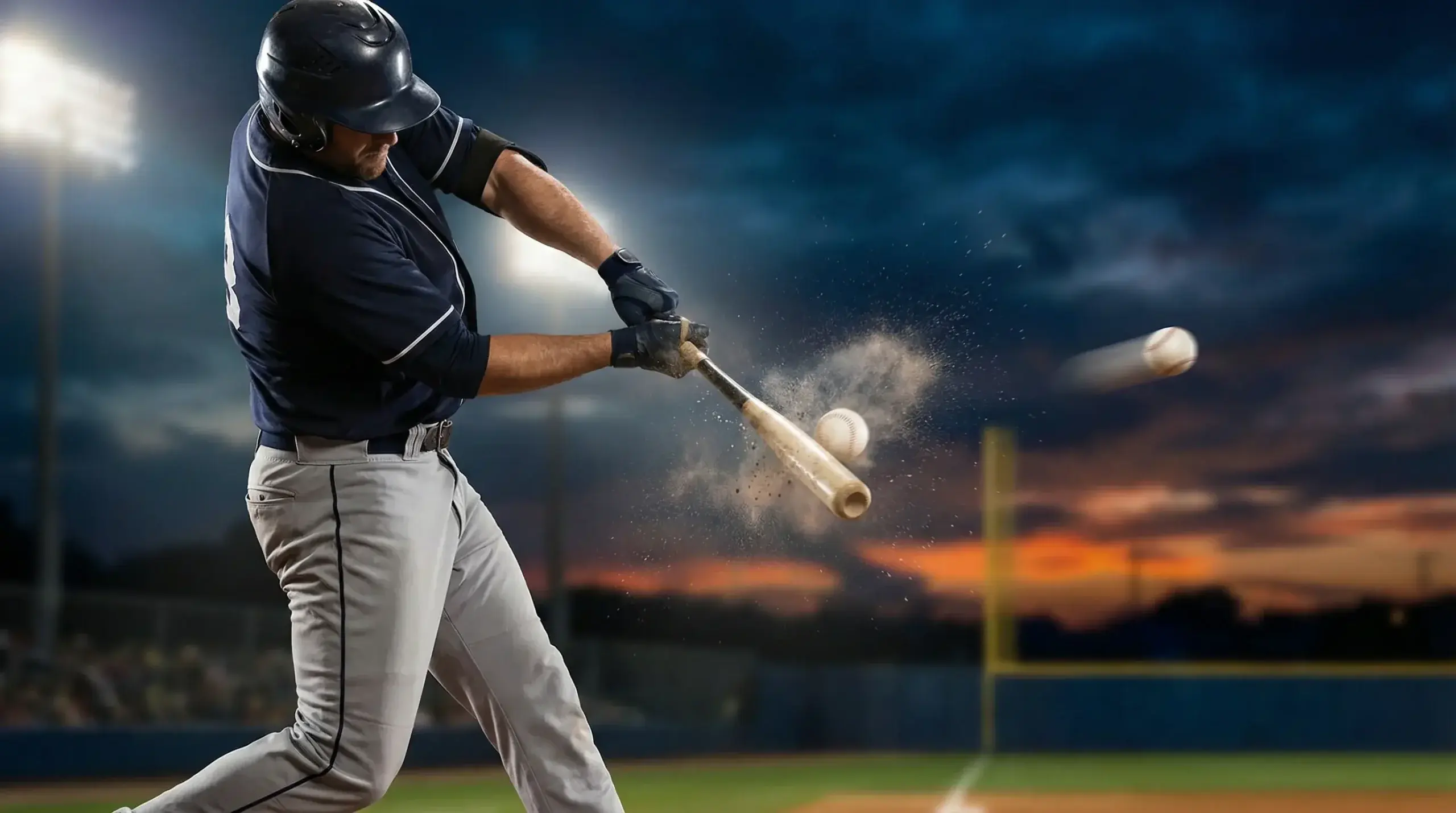 Baseball batter connecting with a pitch at high exit velocity with the ball soaring toward the outfield fence