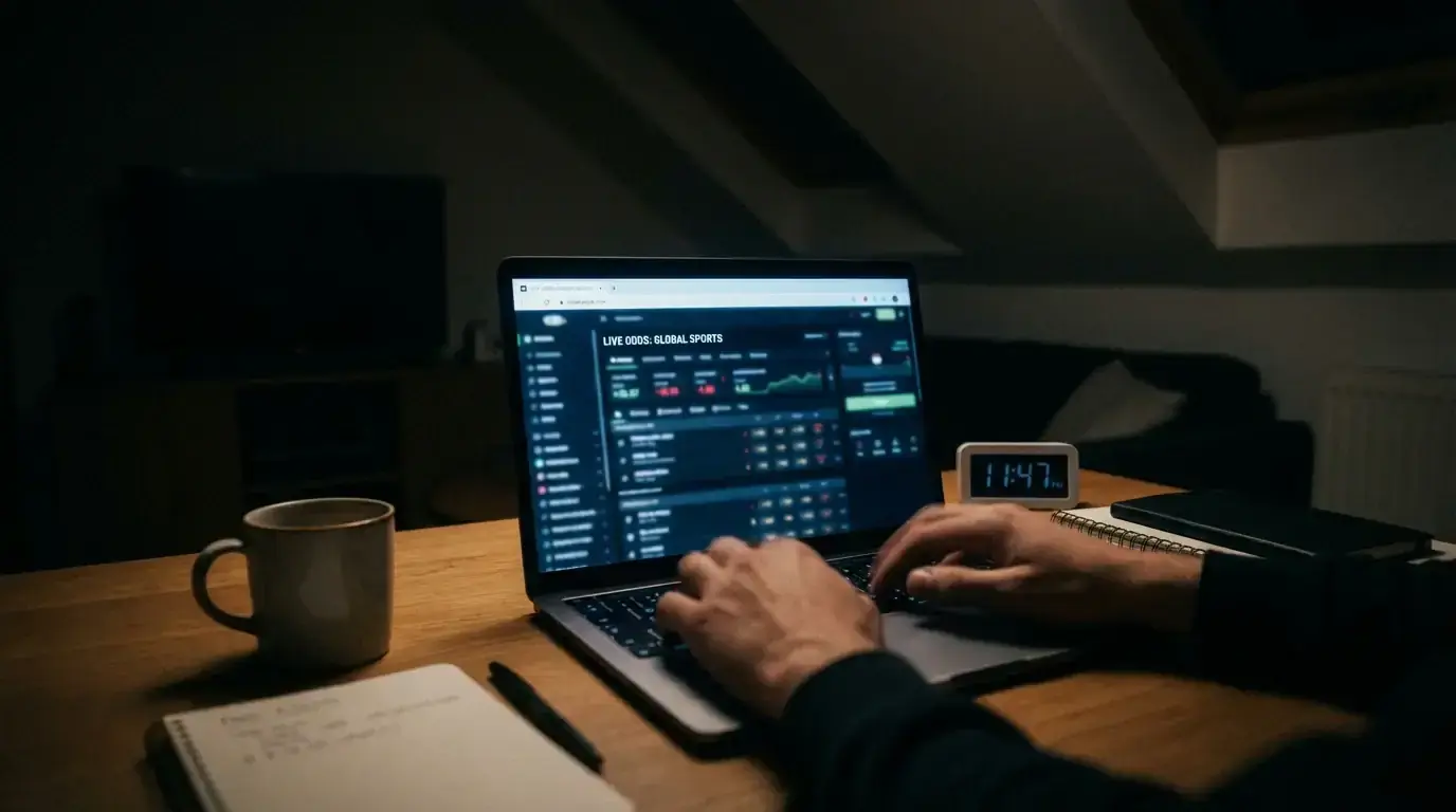 Glowing laptop screen showing live MLB in-play odds updating during a late-night session