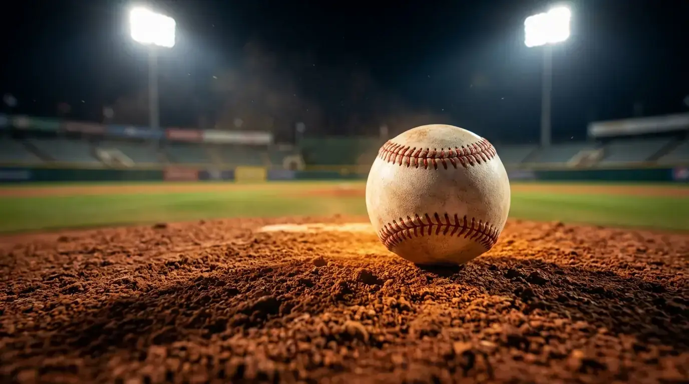 Close-up of a baseball on a pitching mound under stadium floodlights at night