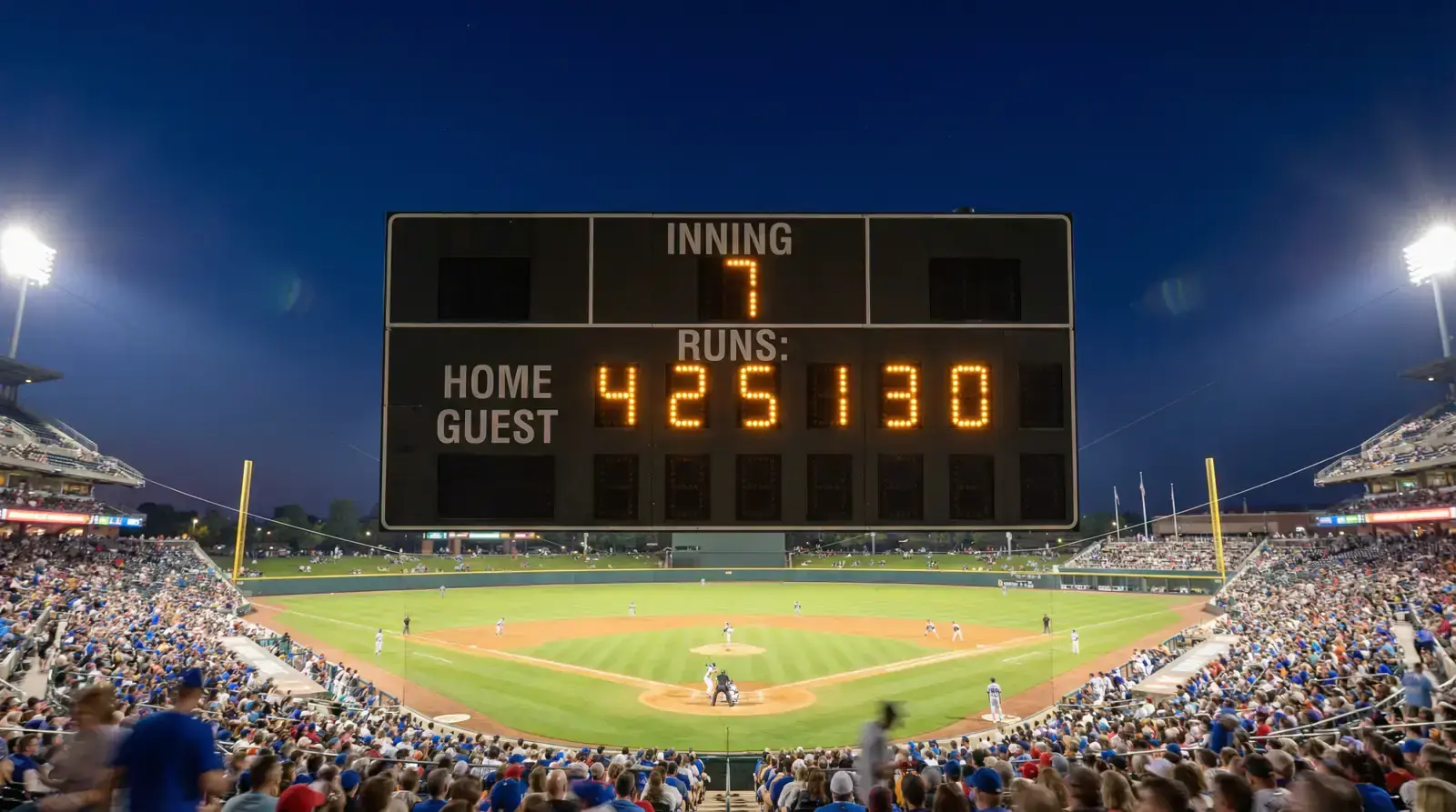 Baseball scoreboard displaying run totals during an evening game with the field visible below