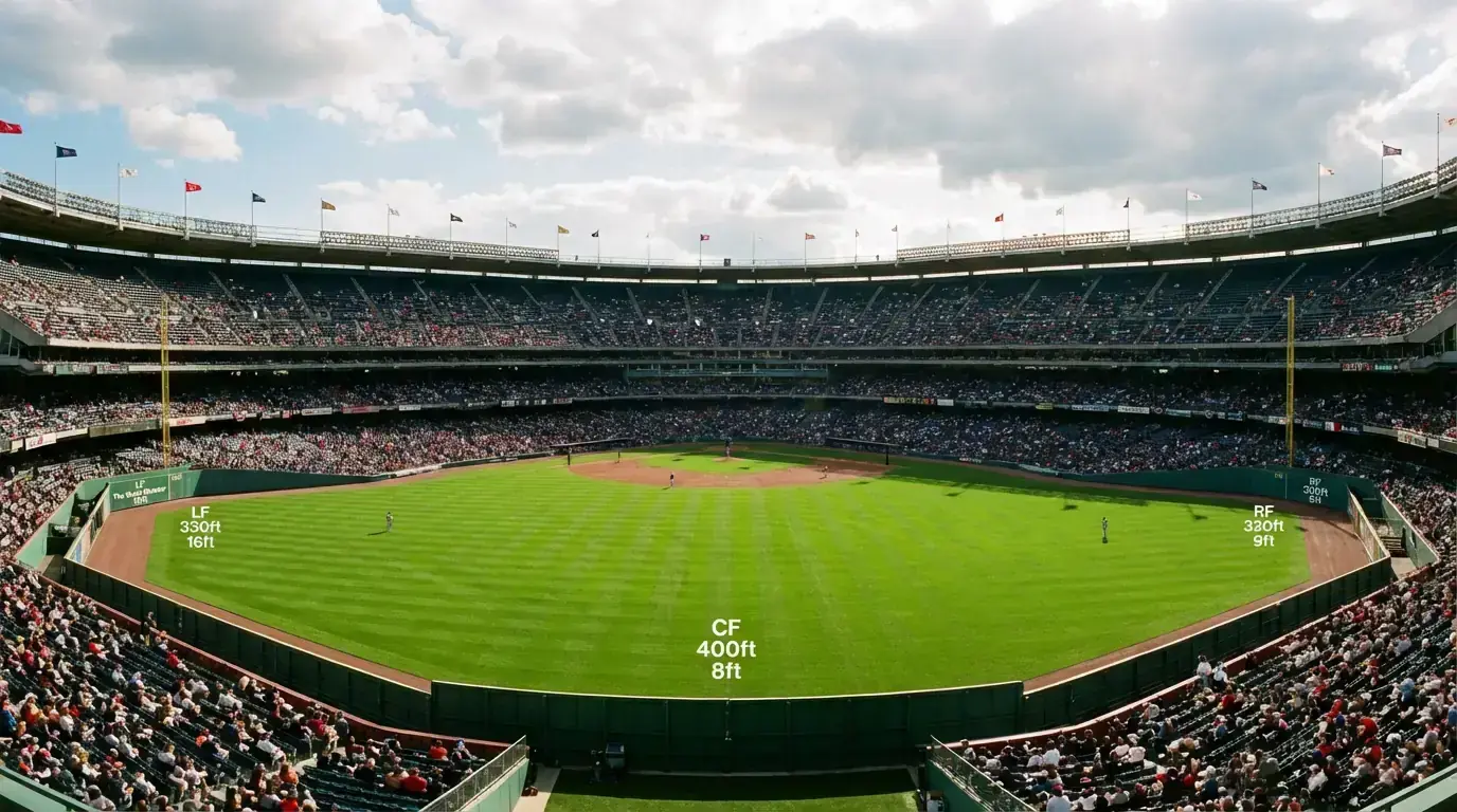 Panoramic view of a baseball stadium showing outfield dimensions with clouds and wind flags visible