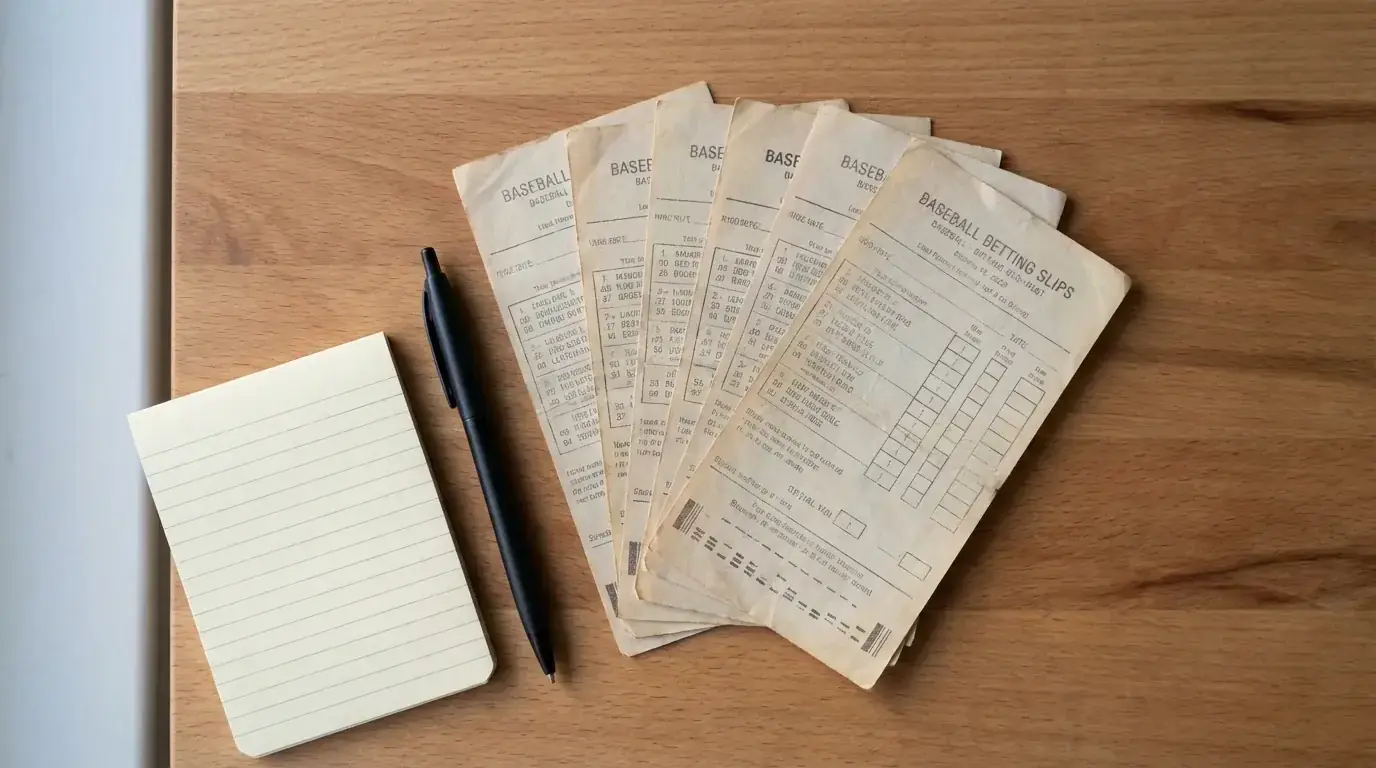 Multiple printed baseball betting slips fanned out on a wooden desk beside a pen and notepad