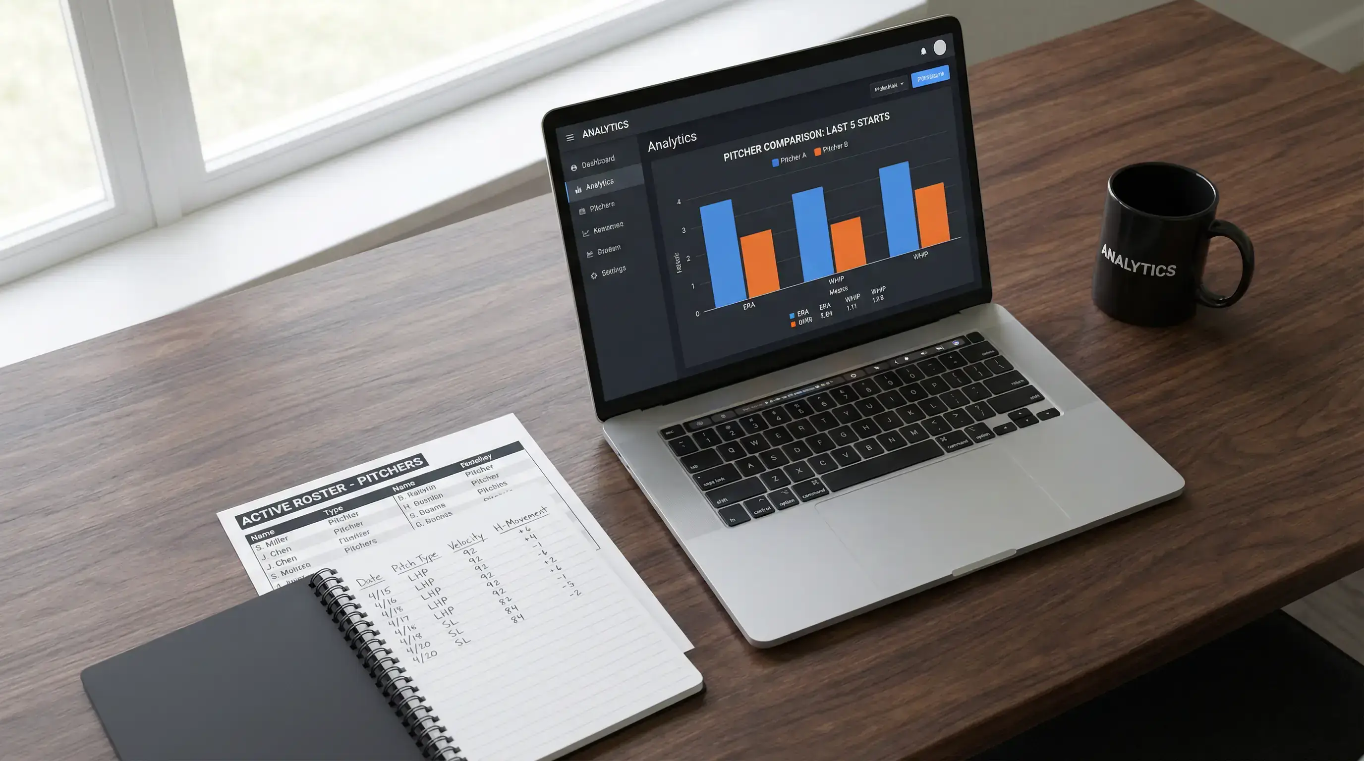 Notebook and laptop showing MLB pitcher analysis with xERA and FIP statistics highlighted for a starting pitcher matchup