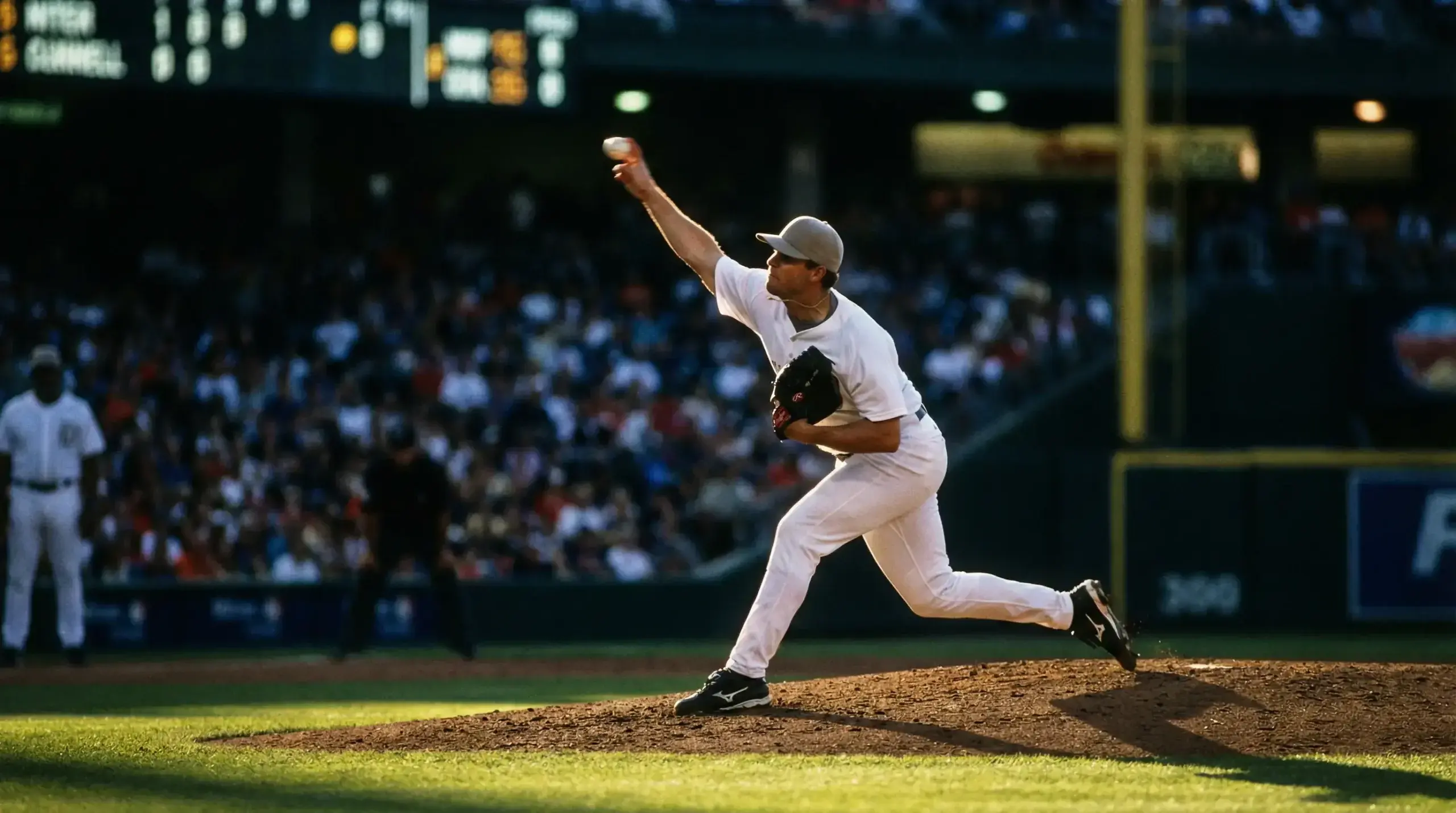 Baseball pitcher in mid-delivery on the mound during an evening game under bright stadium lights