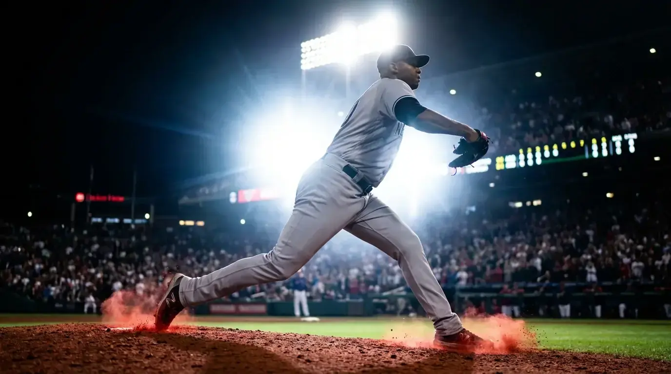 Baseball pitcher in mid-delivery throwing a fastball under bright stadium lights