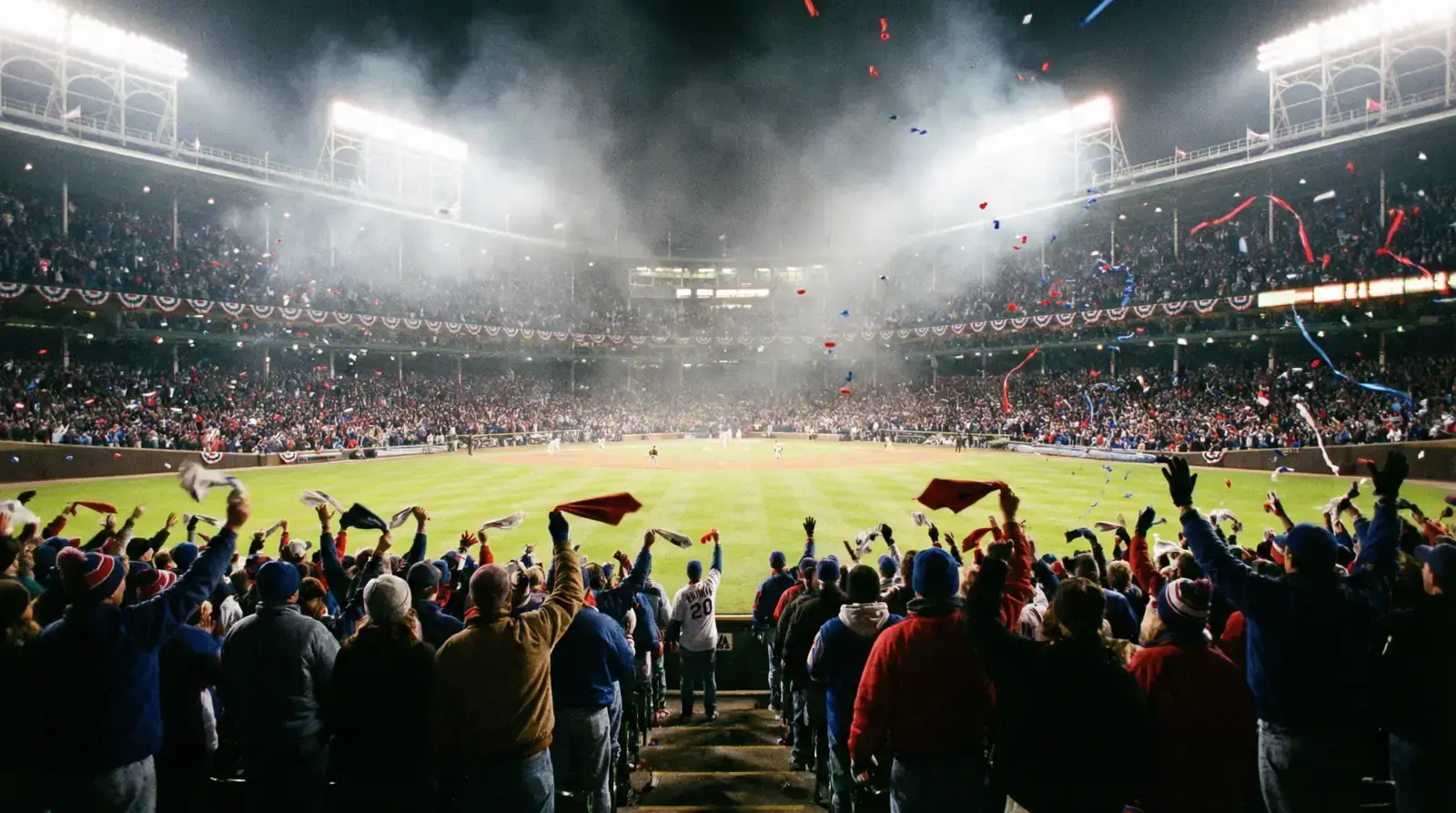Packed baseball stadium during an October postseason game with playoff banners and bright lights