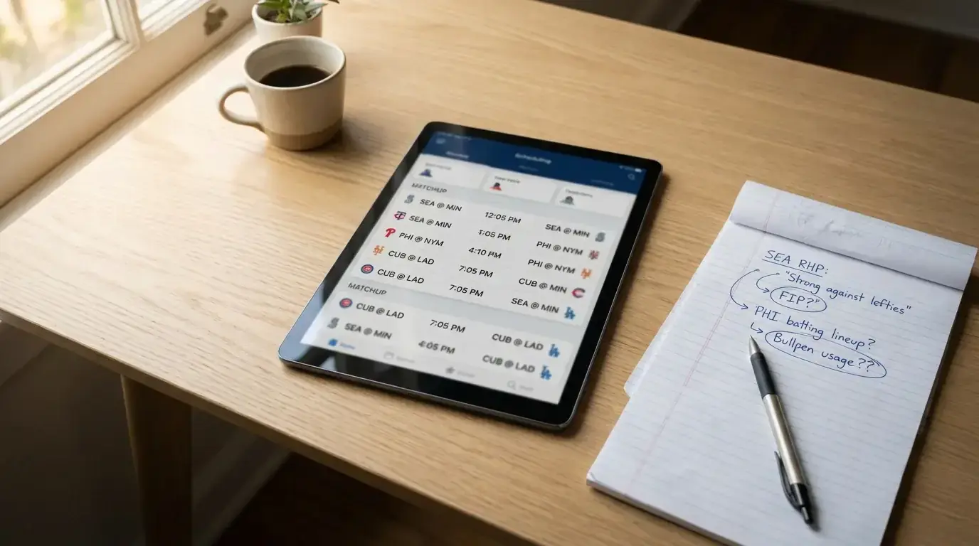 Daily MLB betting card displayed on a tablet with handwritten analysis notes beside it on a desk