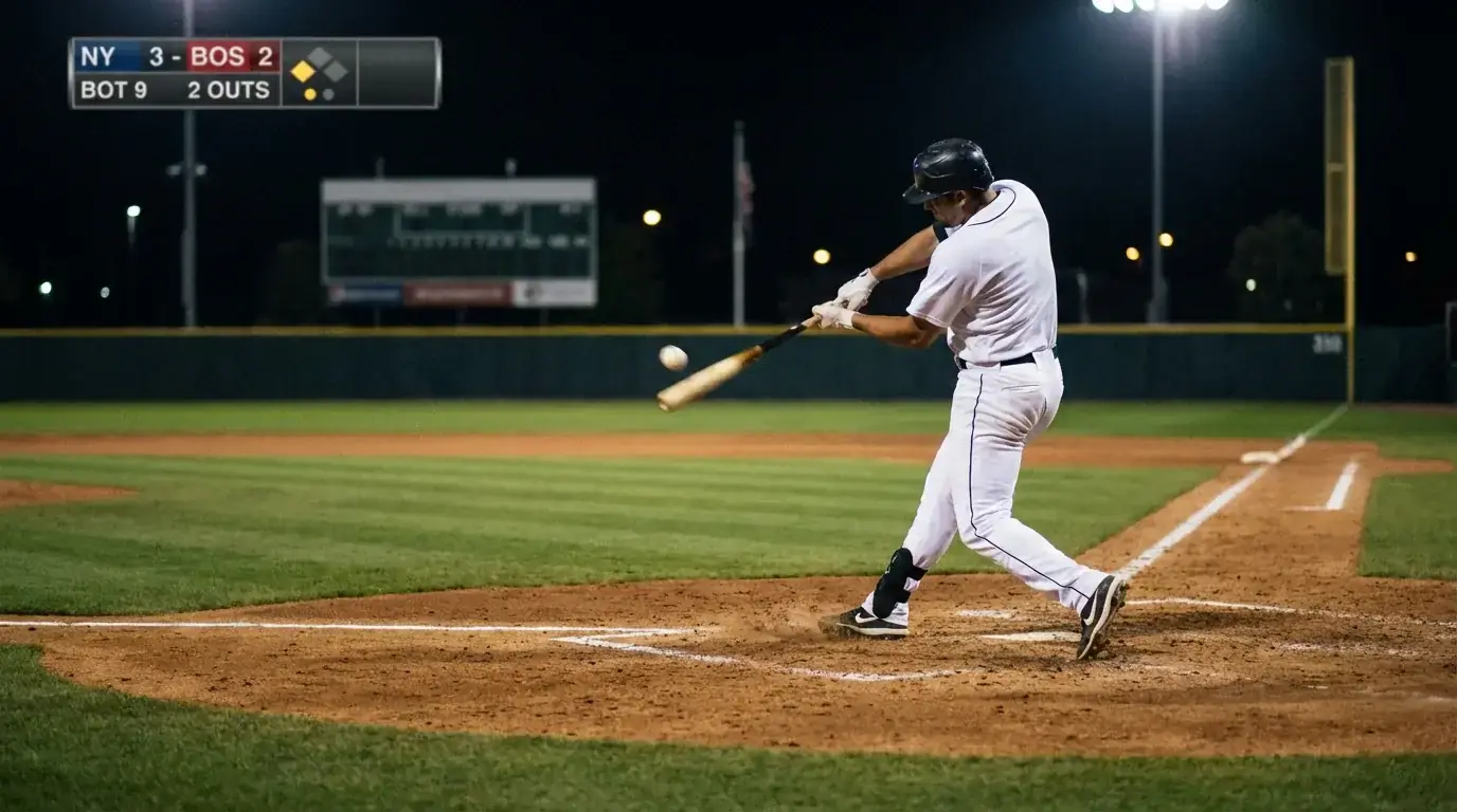 Baseball batter swinging at a pitch during a night game with the scoreboard visible in the background