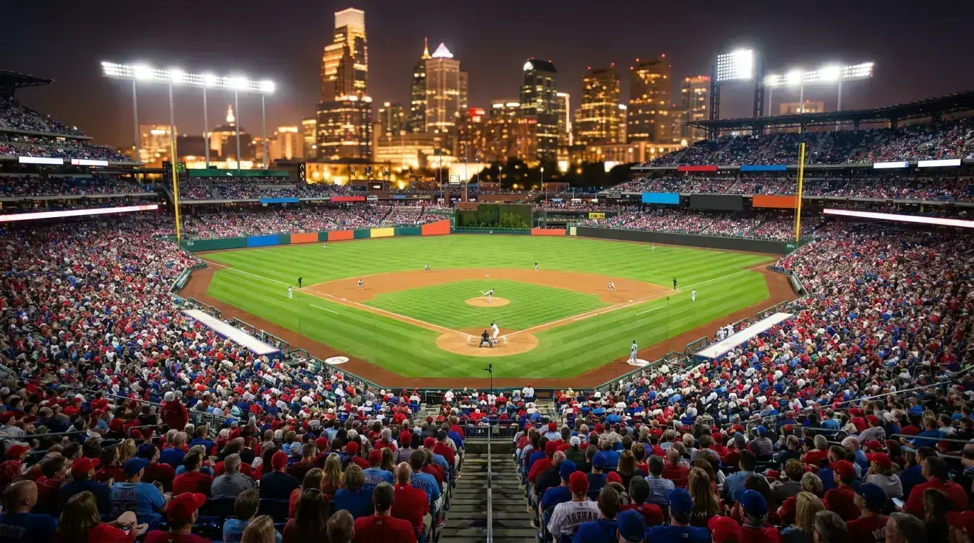 MLB baseball stadium under lights with the diamond visible from the upper deck during a night game