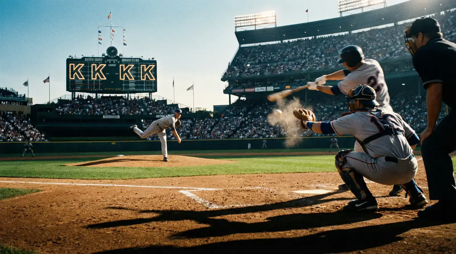 Pitcher completing a strikeout with the batter swinging through and the K count visible on the scoreboard