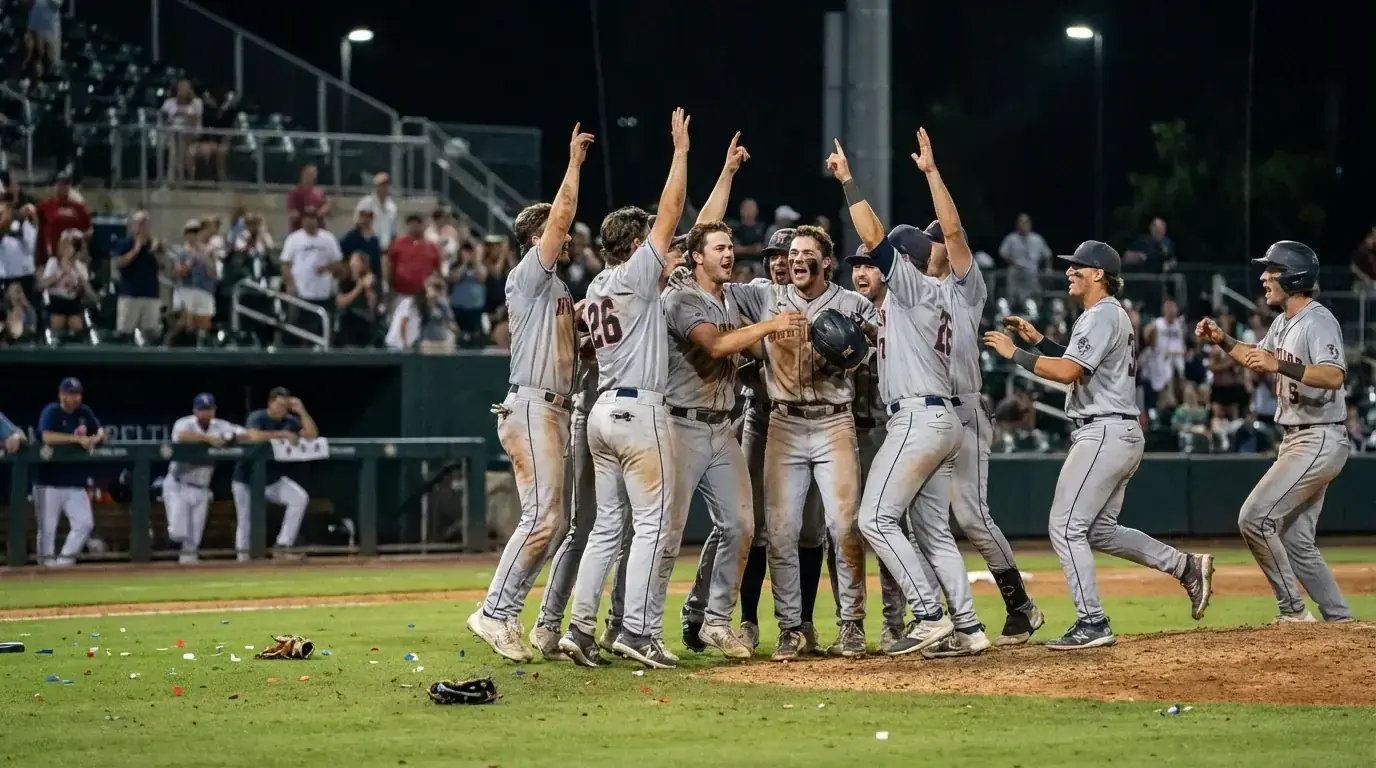 Baseball team in away uniforms celebrating a close victory on the field at an opposing stadium