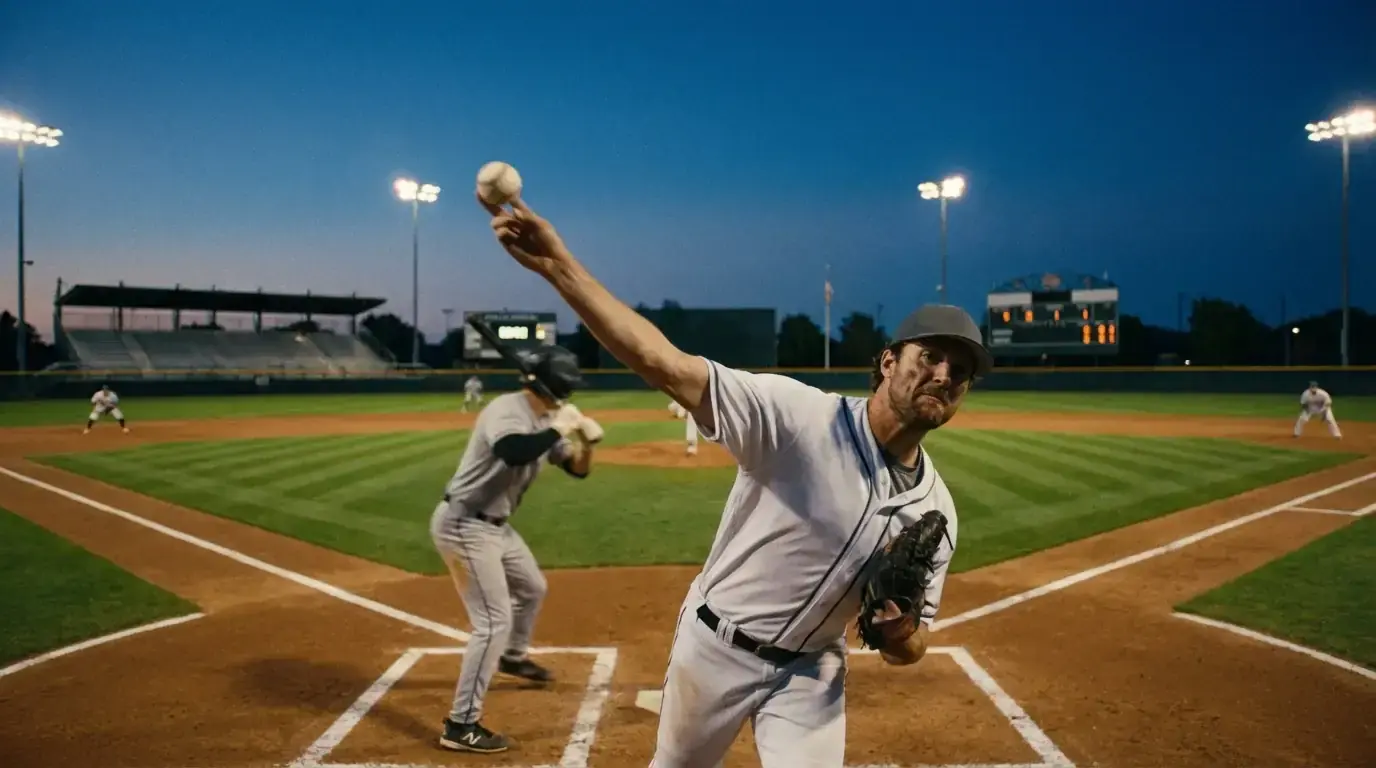 Baseball pitcher delivering the first pitch of the game on a well-lit diamond at dusk