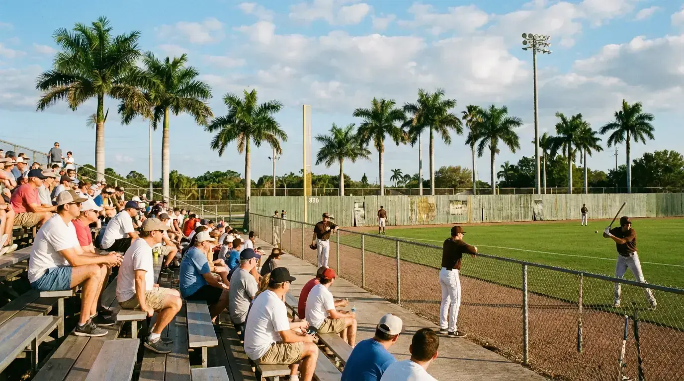 Spring training baseball game at a small Florida stadium with palm trees and blue sky in the background