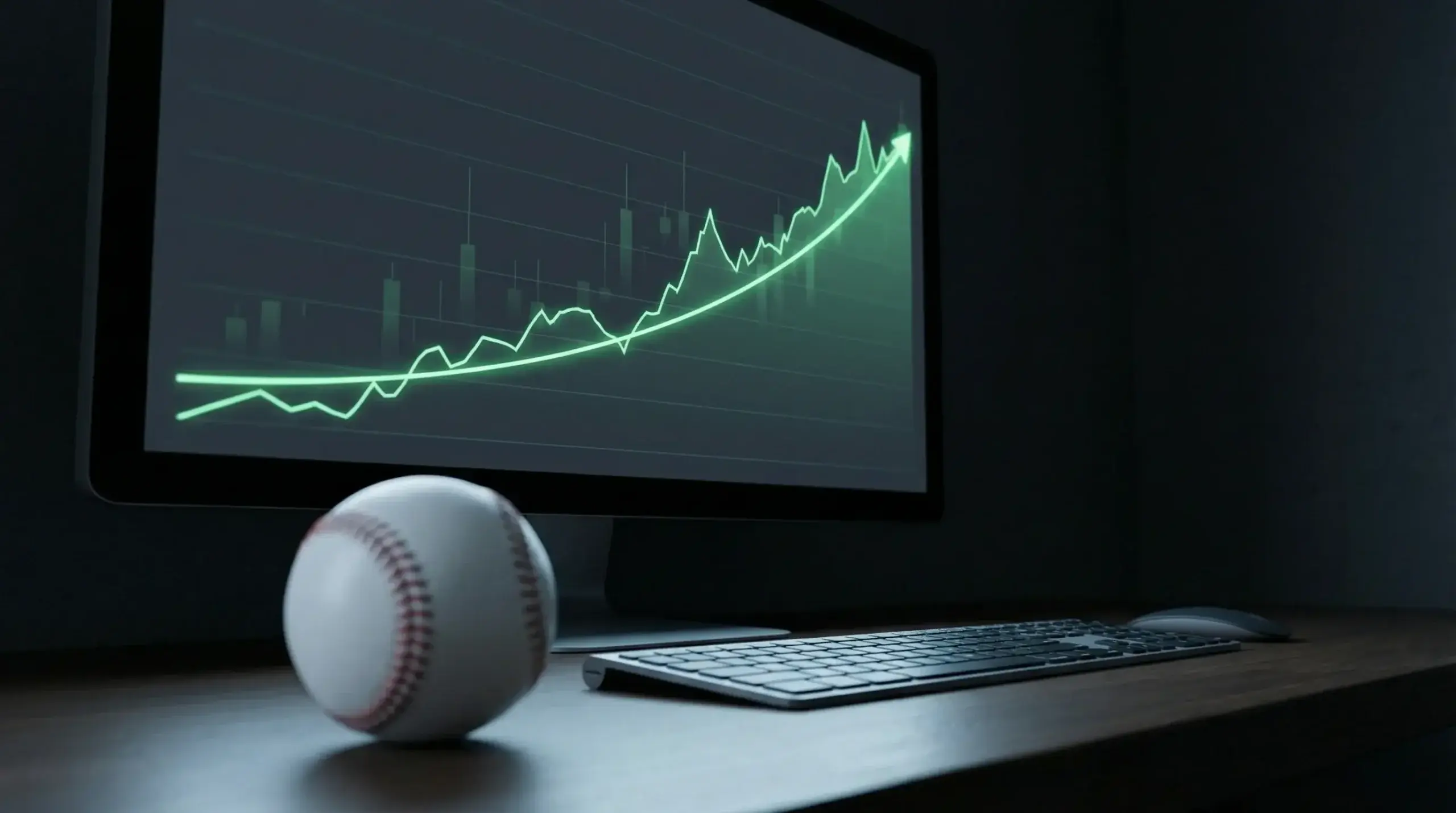 Financial growth chart on a screen showing UK sports betting market trends with a baseball in the foreground